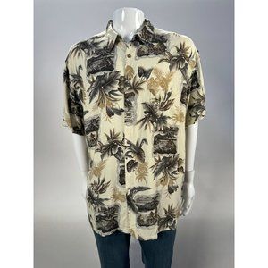 Island Shores Hawaiian Shirt Size XL Rayon Tan Brown Tropical floral pattern Bea